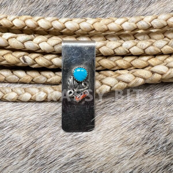 Native American Sterling Silver Turquoise & Coral Money Clip