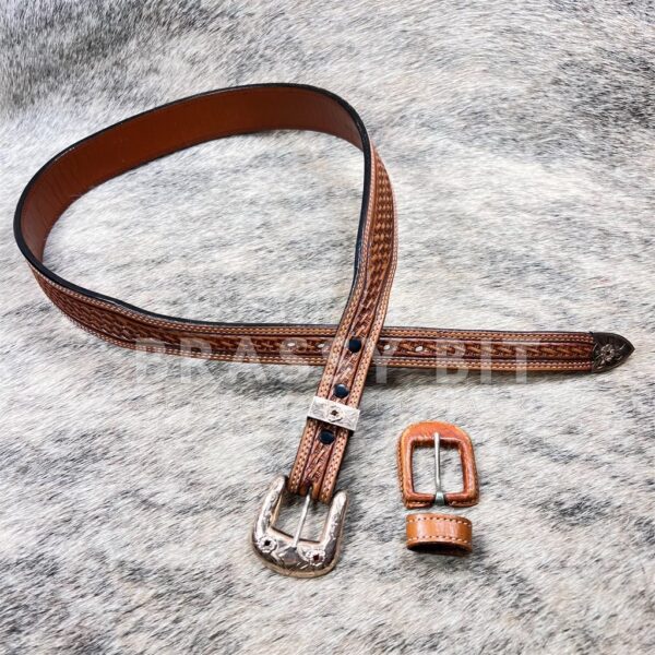 Vogt Tooled Western Belt w/ Inlayed Ruby Sterling Ranger Buckle Set