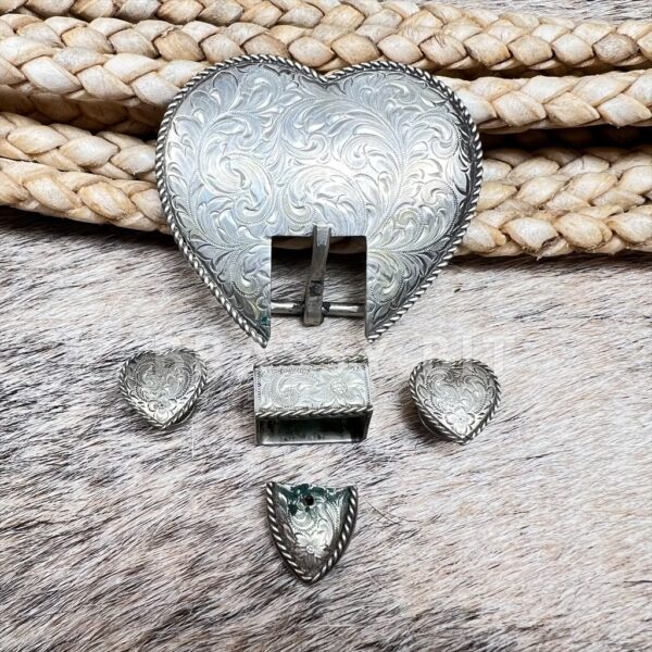 Vintage Alpaca Silver Heart Buckle Set w/ Conchos